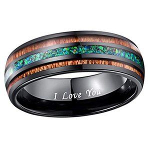 Unisex Tungsten Wedding Band. Black, Multi Color Wood & Sea Green Opal Inlay